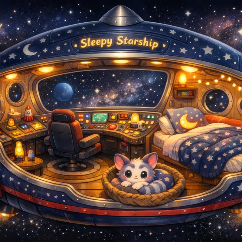 Sleepy Starship cover: a cozy spaceship cockpit with a bed, a round window full of stars and Choo-Choo asleep in a basket
